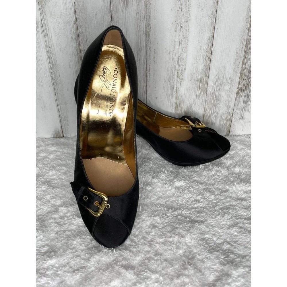 Donald J Pliner Black Satin Peep Toe Heels 10